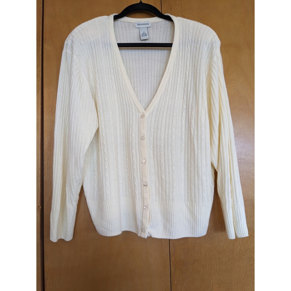 Vintage The Avenue Grannycore Cream Cable Knit Cardigan Sweater V-Neck Ivory 1X